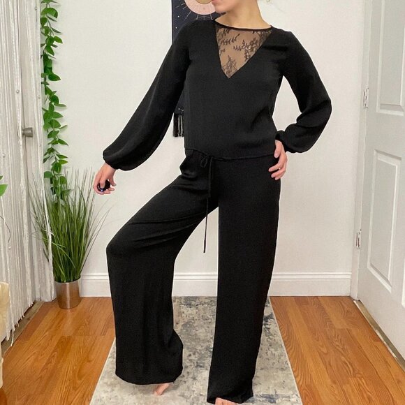 ALEXIS Lace Long Sleeve Wide Leg Jumpsuit Tie-Waist Size XS Black - Picture 2 of 4